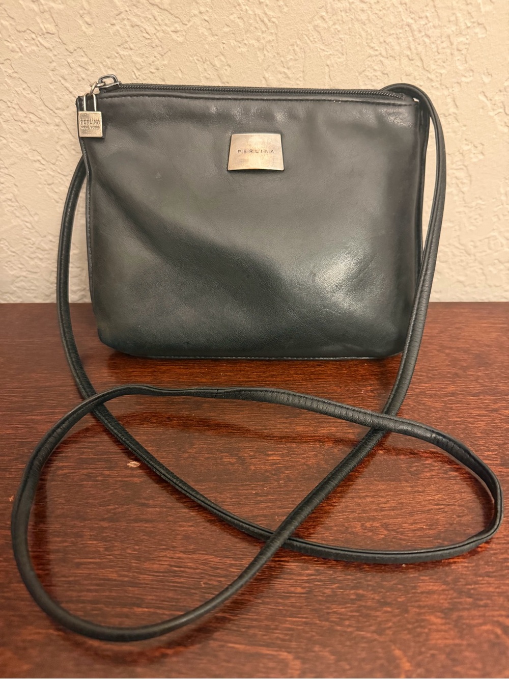 Vintage Perlina Leather Crossbody Bag Organizer Attached Wallet Black Small